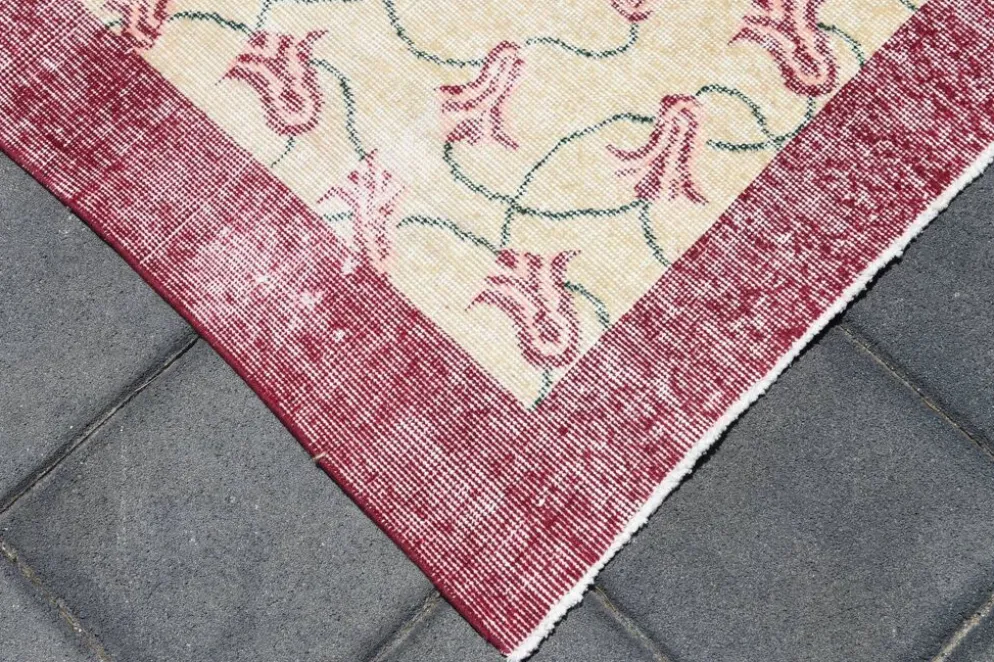 Tapis turc floral bordé de beige et bordeaux, tapis en laine neutre, 194x290 cm