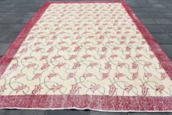 Tapis turc floral bordé de beige et bordeaux, tapis en laine neutre, 194x290 cm