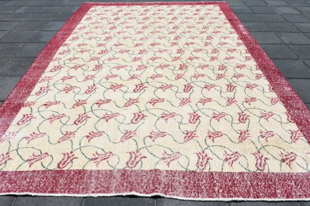 Tapis turc floral bordé de beige et bordeaux, tapis en laine neutre, 194x290 cm