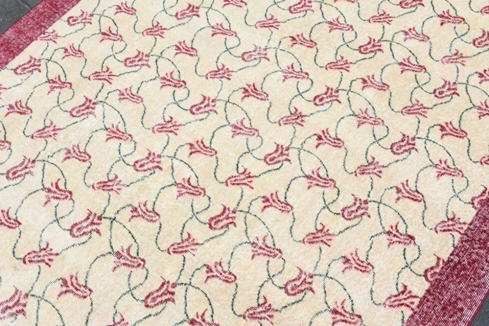 Tapis turc floral bordé de beige et bordeaux, tapis en laine neutre, 194x290 cm