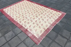 Tapis turc floral bordé de beige et bordeaux, tapis en laine neutre, 194x290 cm