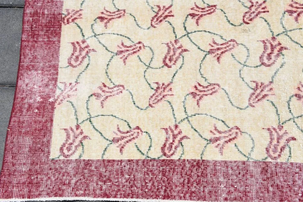 Tapis turc floral bordé de beige et bordeaux, tapis en laine neutre, 194x290 cm