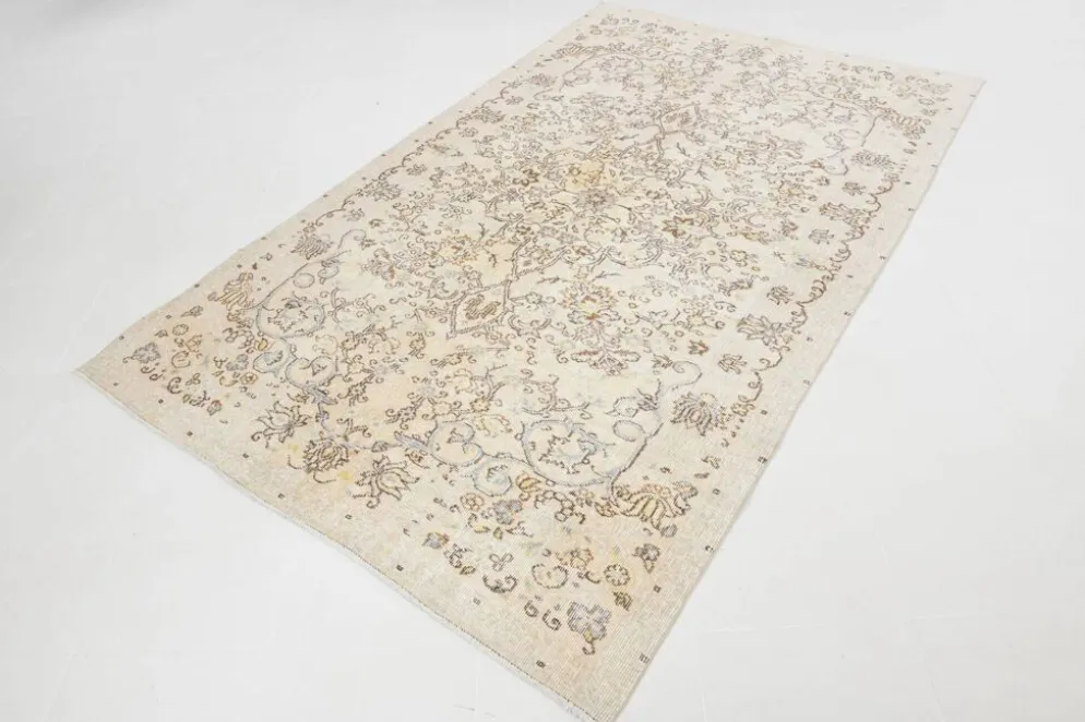 Tapis turc vintage beige, motif floral, tapis de salon classique, 170x275 cm