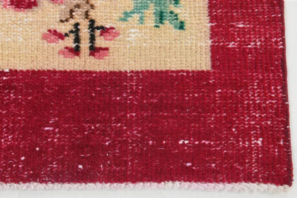 Tapis turc vintage floral rouge rubis, tapis en laine fait main, 202x309 cm