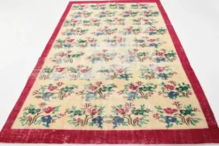 Tapis turc vintage floral rouge rubis, tapis en laine fait main, 202x309 cm
