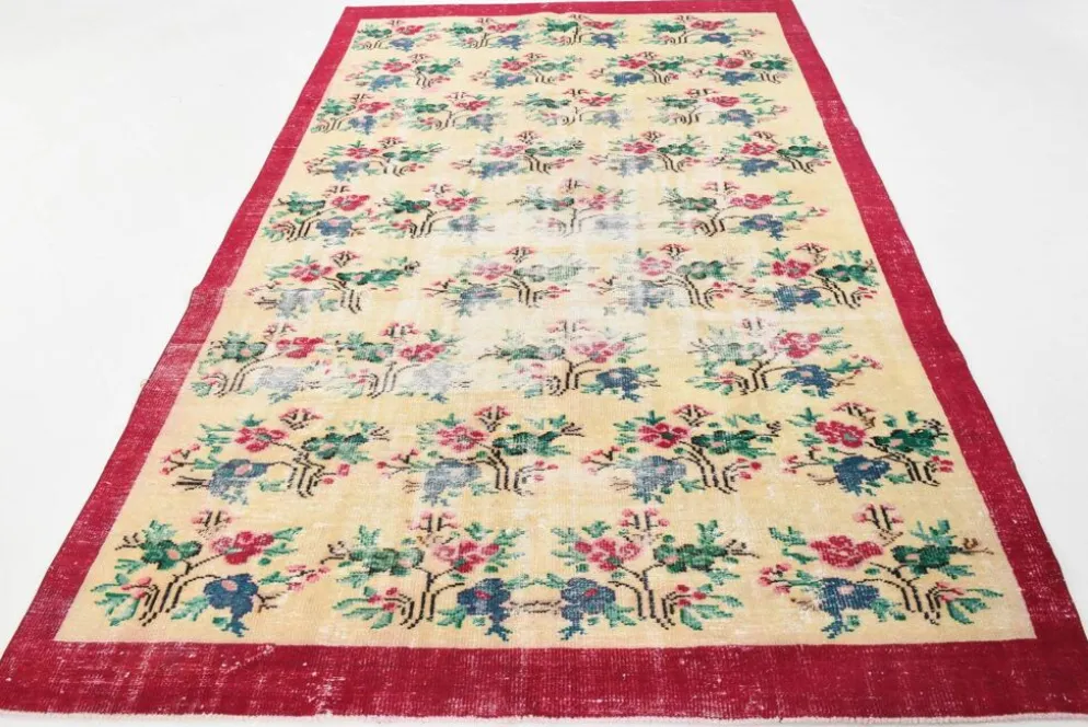 Tapis turc vintage floral rouge rubis, tapis en laine fait main, 202x309 cm