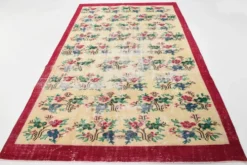 Tapis turc vintage floral rouge rubis, tapis en laine fait main, 202x309 cm