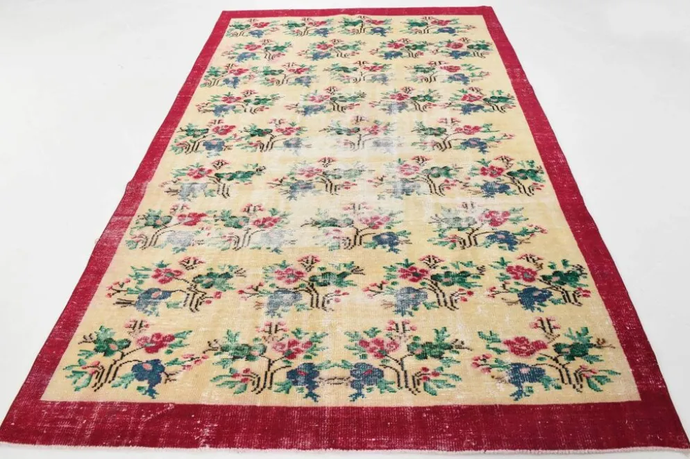 Tapis turc vintage floral rouge rubis, tapis en laine fait main, 202x309 cm