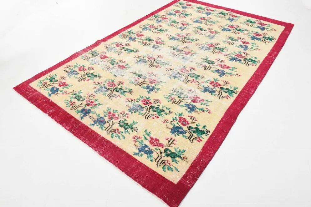 Tapis turc vintage floral rouge rubis, tapis en laine fait main, 202x309 cm