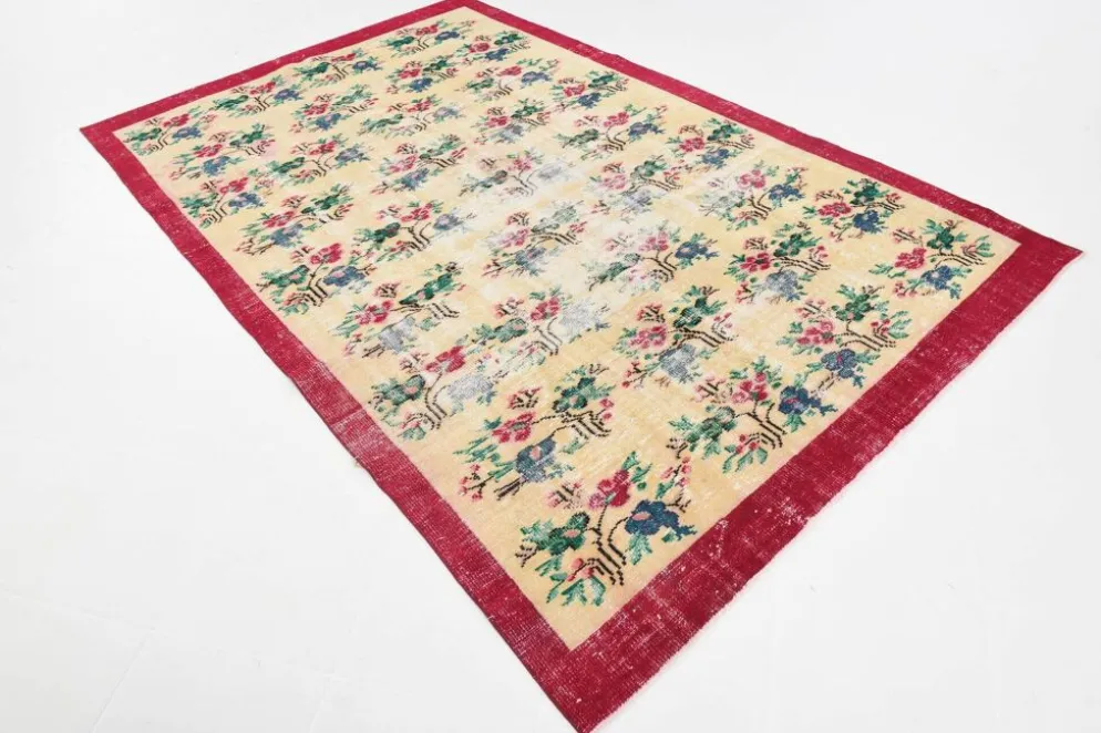 Tapis turc vintage floral rouge rubis, tapis en laine fait main, 202x309 cm