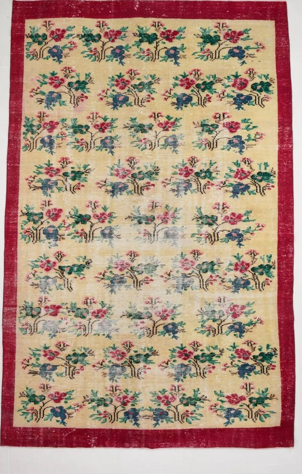 Tapis turc vintage floral rouge rubis, tapis en laine fait main, 202x309 cm