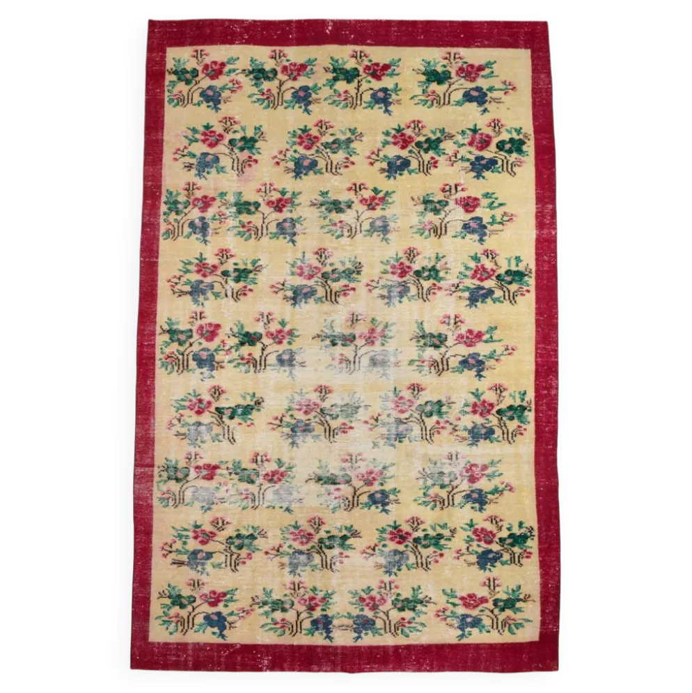 Tapis turc vintage floral rouge rubis, tapis en laine fait main, 202x309 cm