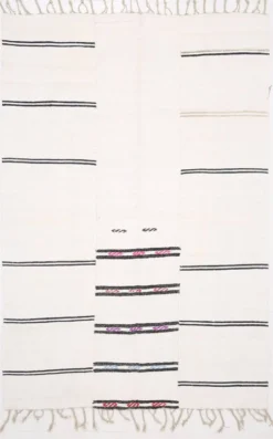 Tapis Turc Vintage Ivoire et Noir, Rayé, Décoration Salon Bohème, 176X258Cm