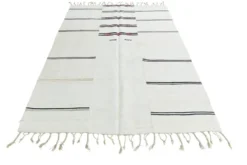 Tapis Turc Vintage Ivoire et Noir, Rayé, Décoration Salon Bohème, 176X258Cm