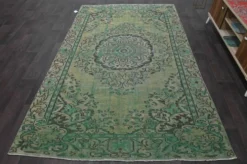 Tapis turc vintage vert et olive à médaillon, noué main, 160 x 262 cm
