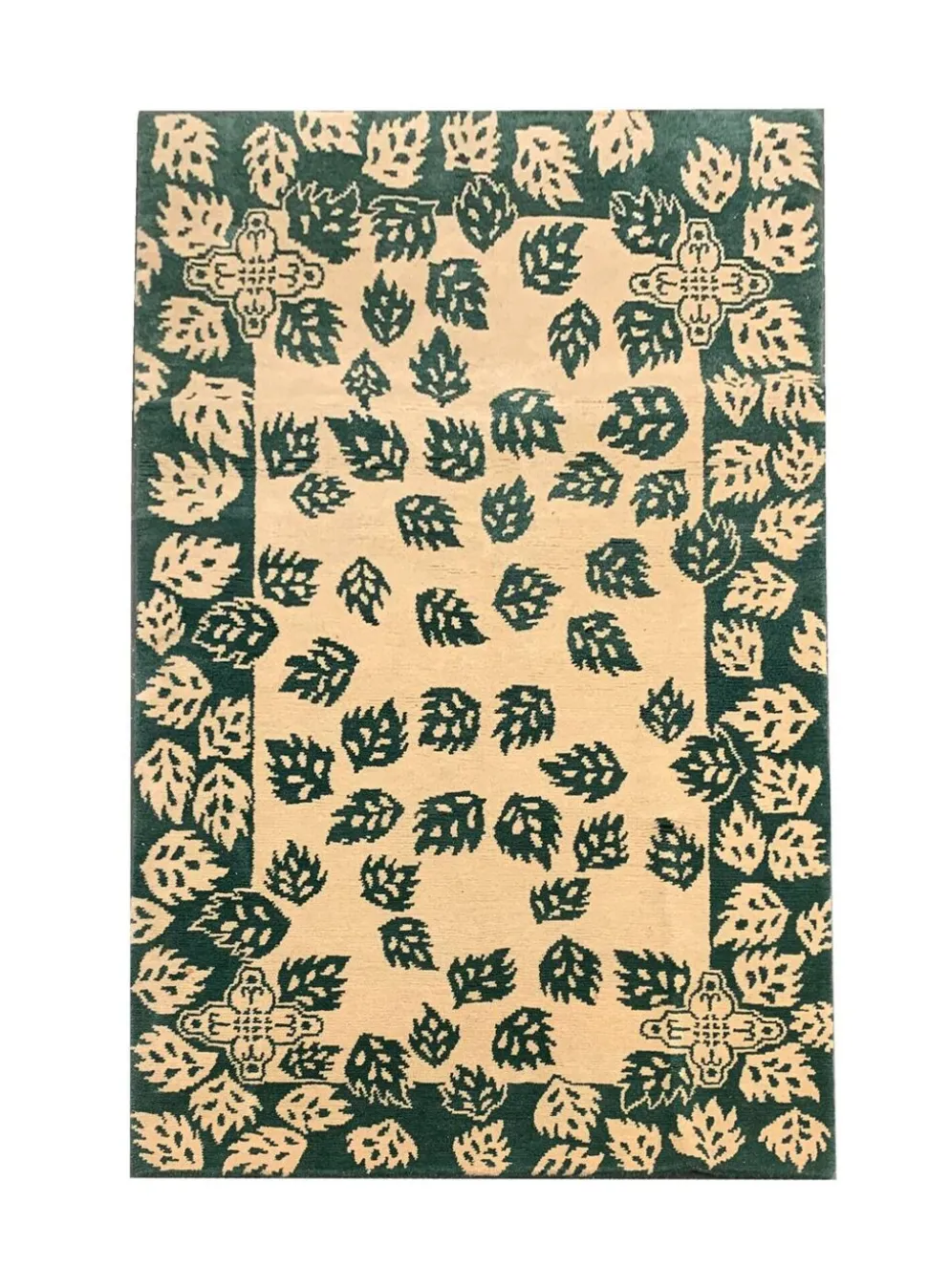 Tapis vert moderne fait main en laine crème, motif feuilles