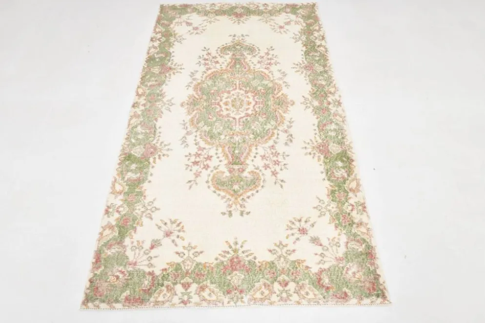 Tapis vintage à motif floral beige et vert 4x7, tapis anatolien, 113x207 cm