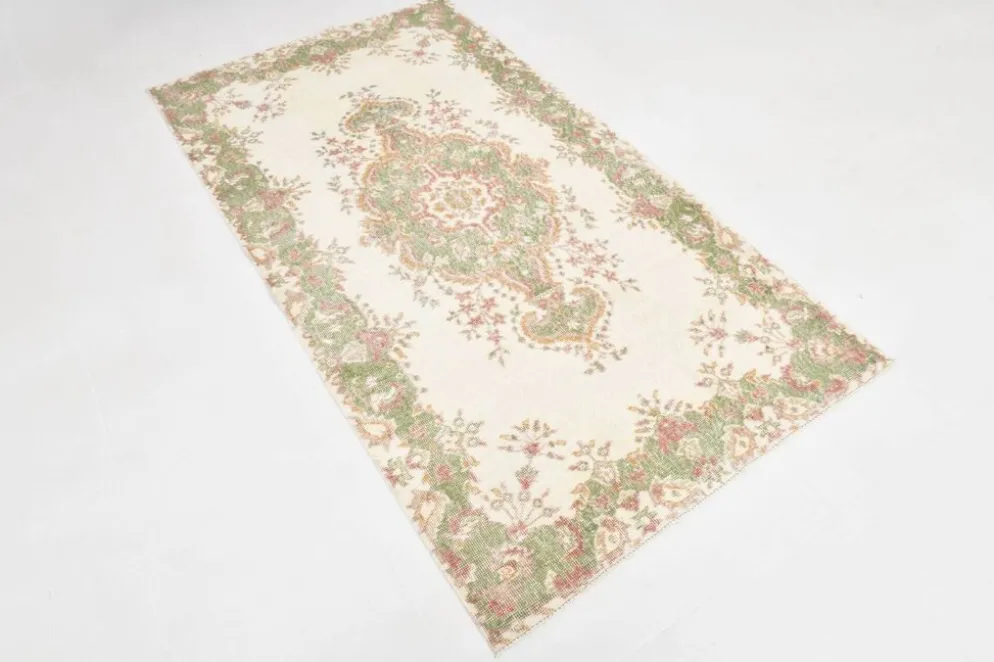 Tapis vintage à motif floral beige et vert 4x7, tapis anatolien, 113x207 cm