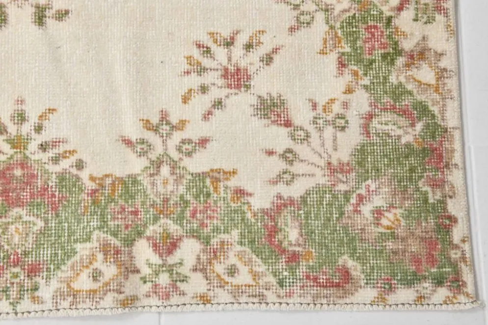 Tapis vintage à motif floral beige et vert 4x7, tapis anatolien, 113x207 cm