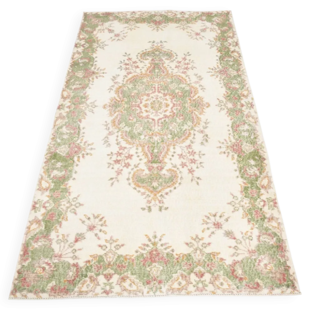 Tapis vintage à motif floral beige et vert 4x7, tapis anatolien, 113x207 cm
