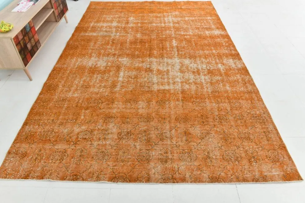 Tapis Vintage Orange Ocre Patiné, Style Bohème Chic