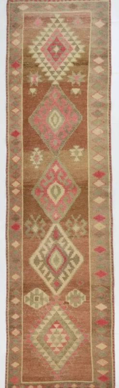 Tapis vintage taupe et rose poussiéreux pour couloir, 83x308 cm