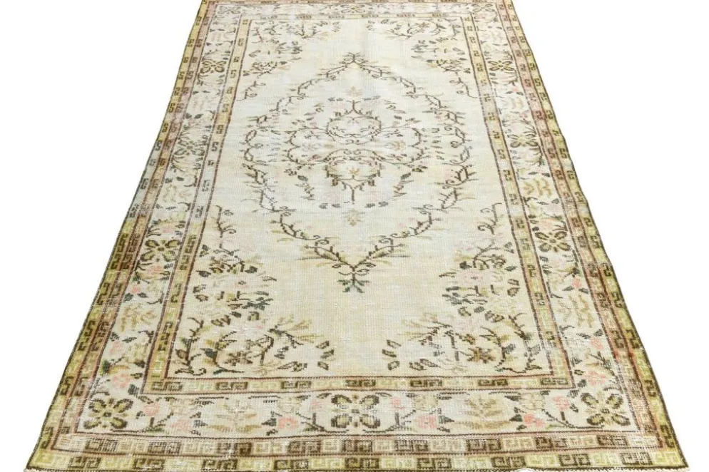 Tapis Vintage Turc Crème, Médaillon Floral, Style Shabby Chic, 150x250Cm