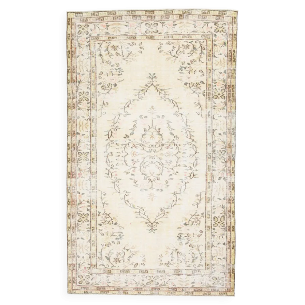 Tapis Vintage Turc Crème, Médaillon Floral, Style Shabby Chic, 150x250Cm