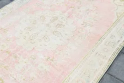 Tapis vintage turc en laine fait main, rose blush atténué, Oushak, 186x290 cm