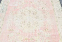 Tapis vintage turc en laine fait main, rose blush atténué, Oushak, 186x290 cm