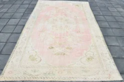 Tapis vintage turc en laine fait main, rose blush atténué, Oushak, 186x290 cm