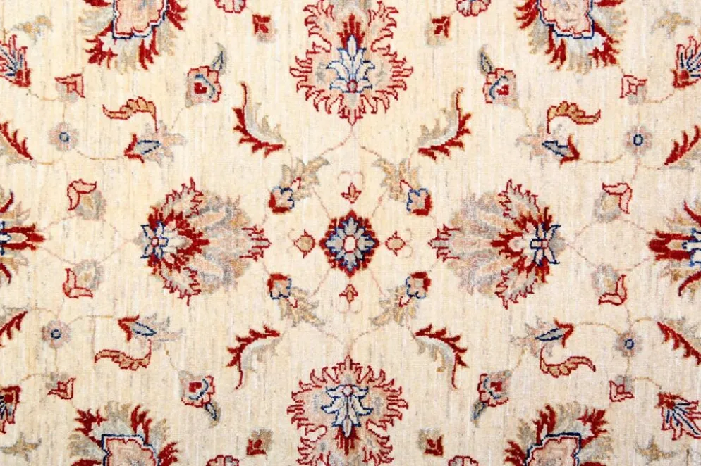 Tapis Ziegler crème à bordure rouge, tapis oriental floral en laine noué à la main