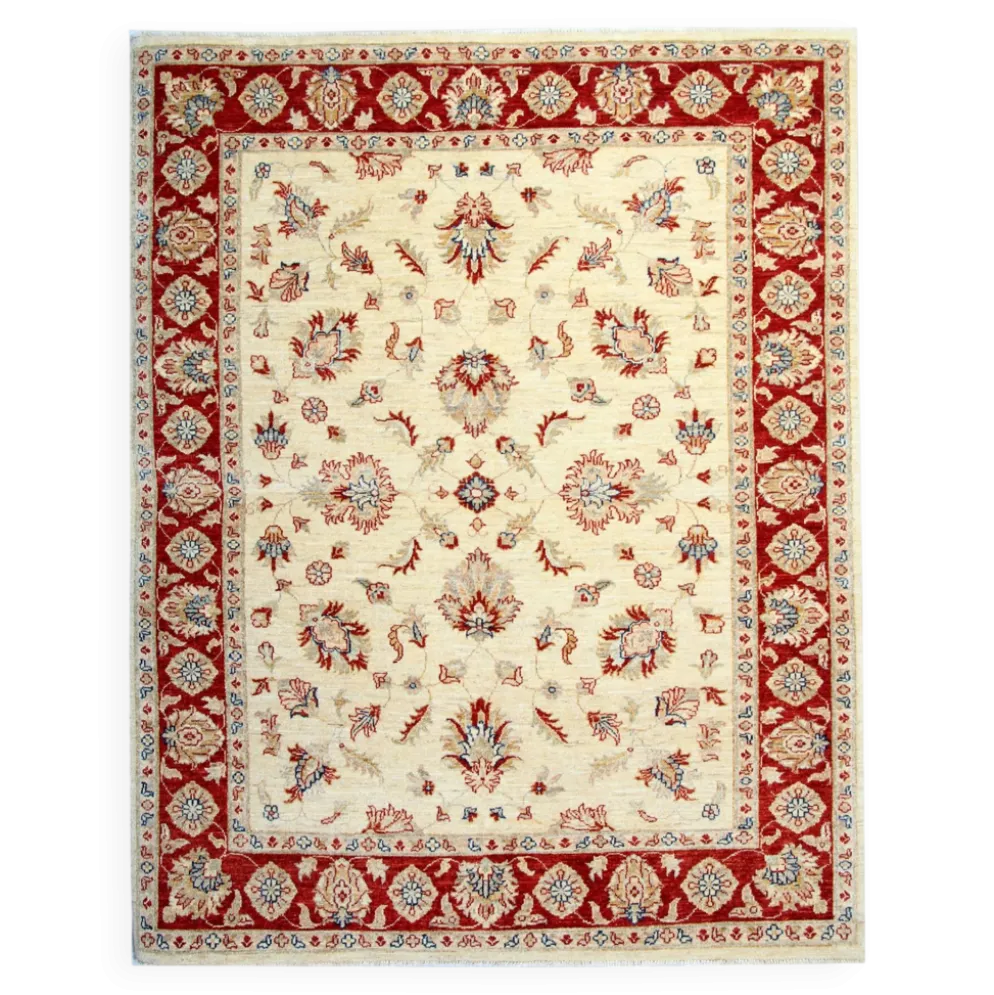 Tapis Ziegler crème à bordure rouge, tapis oriental floral en laine noué à la main