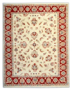 Tapis Ziegler crème à bordure rouge, tapis oriental floral en laine noué à la main