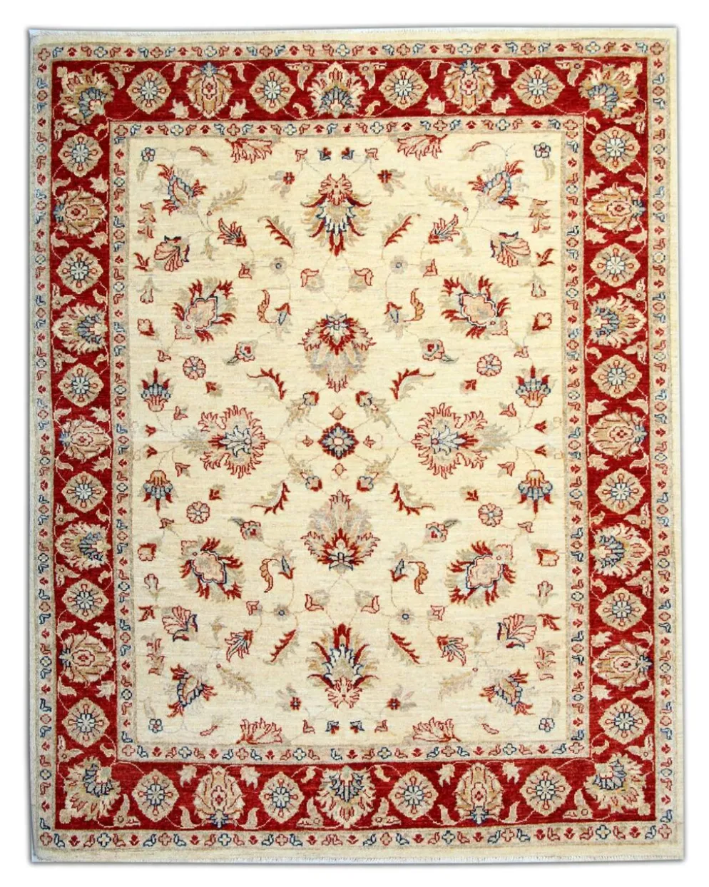 Tapis Ziegler crème à bordure rouge, tapis oriental floral en laine noué à la main