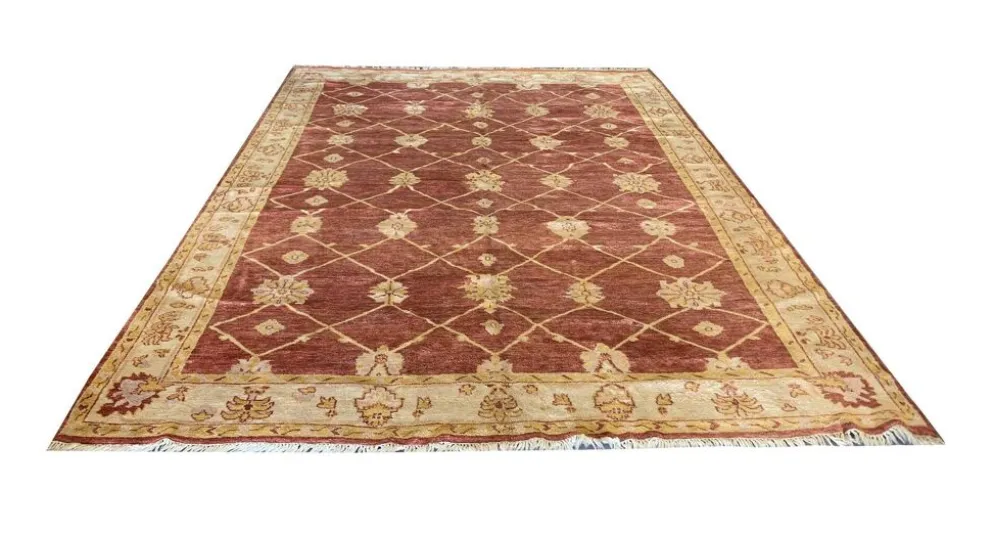 Tapis Ziegler indien, grand tapis en laine rouille noué à la main, tapis de salon