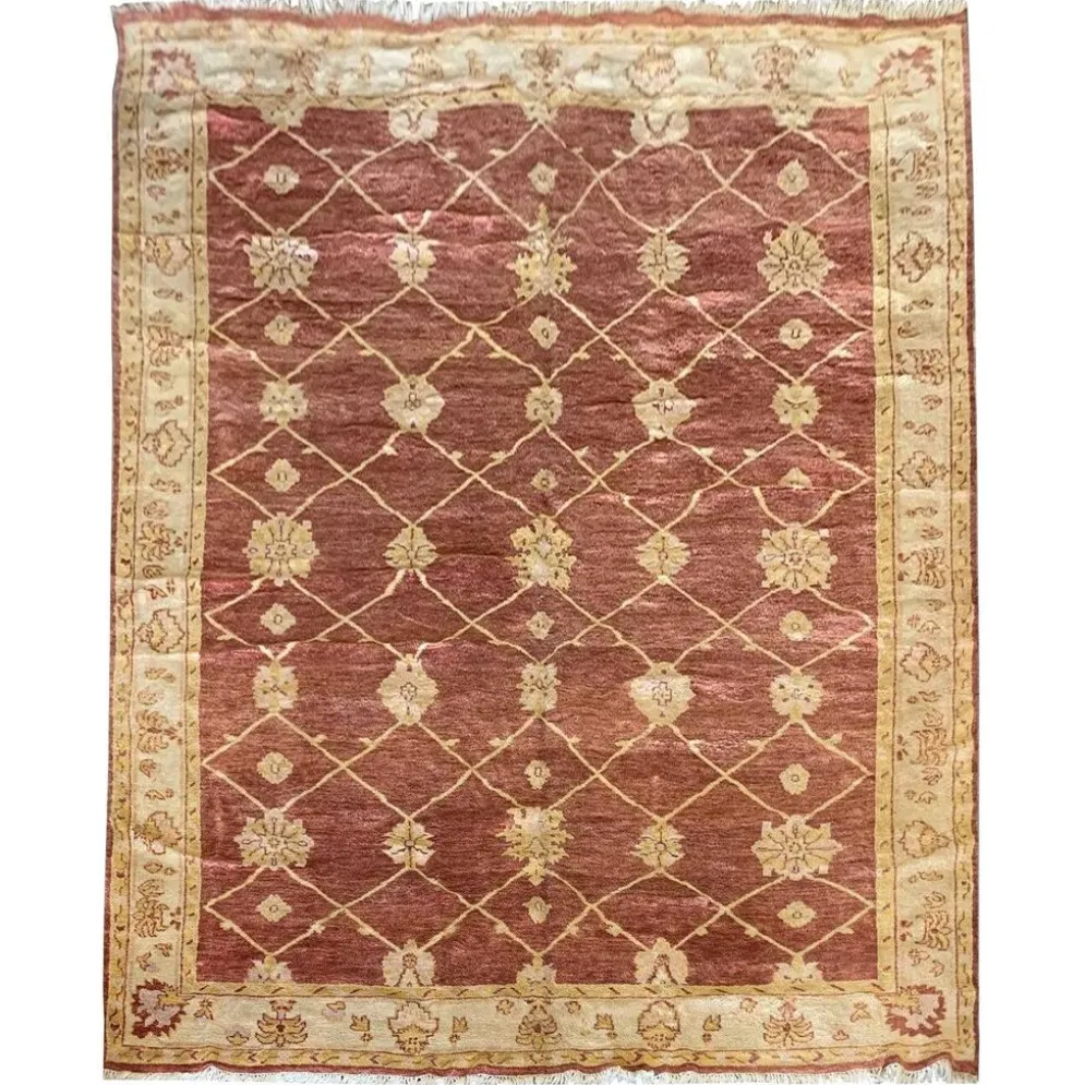 Tapis Ziegler indien, grand tapis en laine rouille noué à la main, tapis de salon