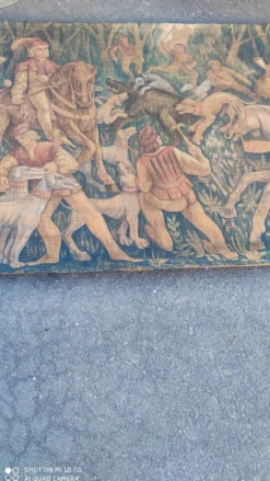 Toile de jute peinte scène de chasse médiéval vers 1950 par André Pierre BOURBIOUX dit "Boul"