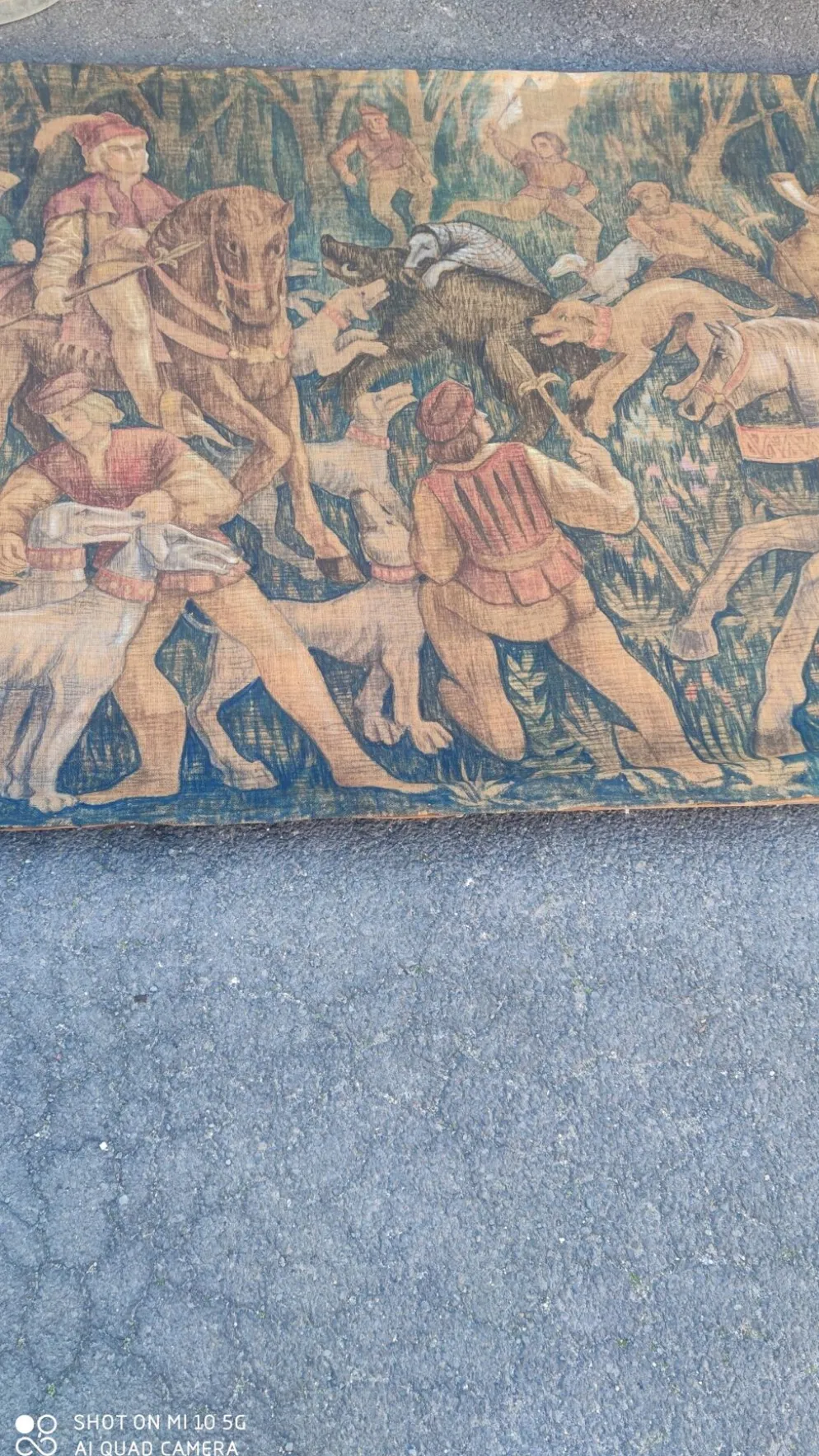 Toile de jute peinte scène de chasse médiéval vers 1950 par André Pierre BOURBIOUX dit "Boul"