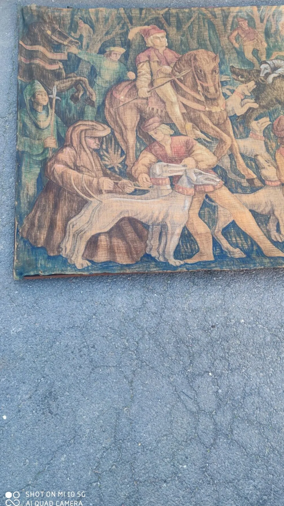 Toile de jute peinte scène de chasse médiéval vers 1950 par André Pierre BOURBIOUX dit "Boul"