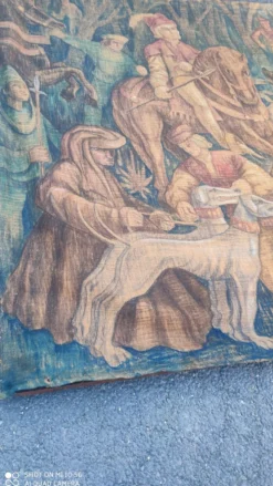 Toile de jute peinte scène de chasse médiéval vers 1950 par André Pierre BOURBIOUX dit