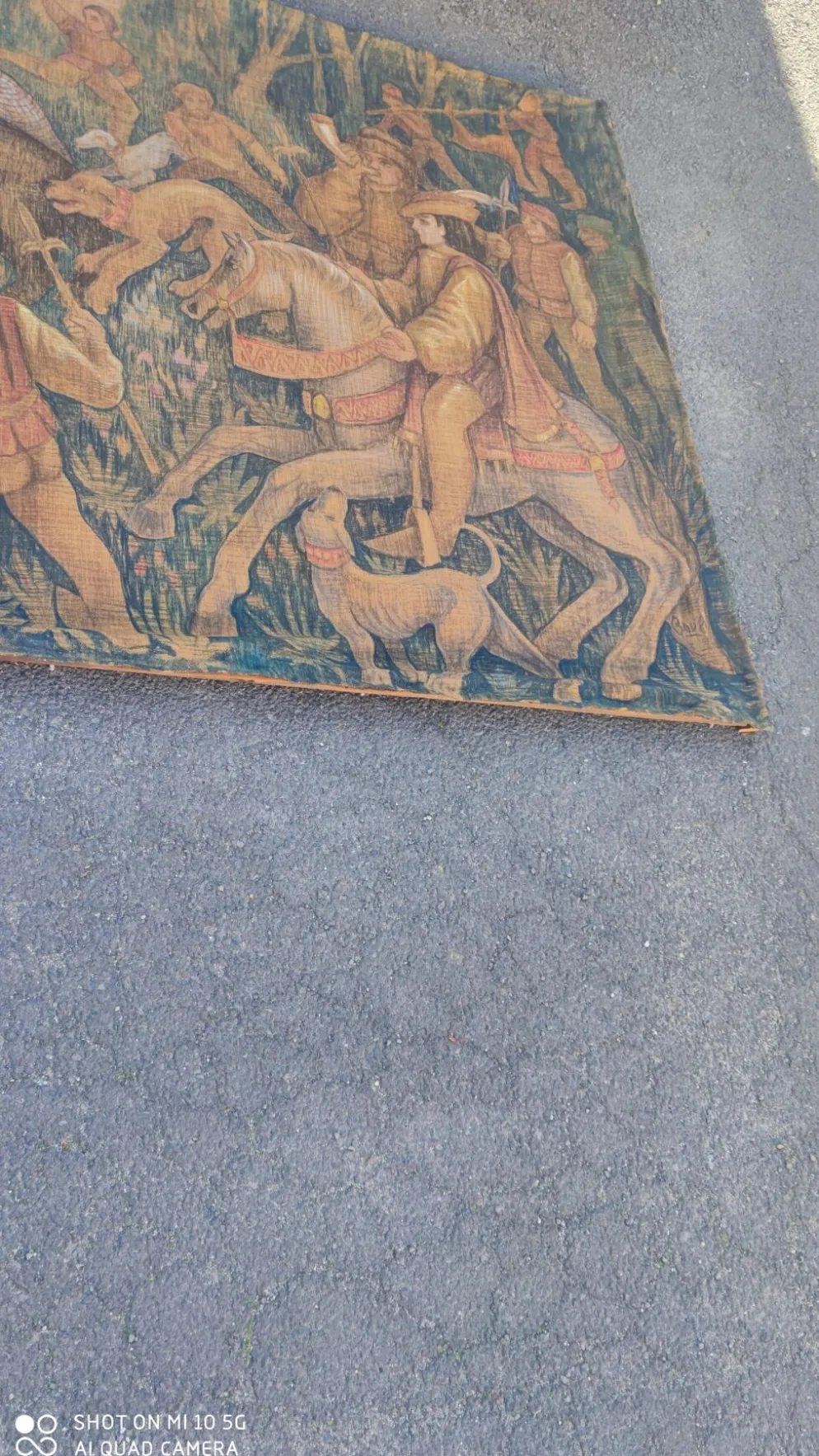 Toile de jute peinte scène de chasse médiéval vers 1950 par André Pierre BOURBIOUX dit "Boul"