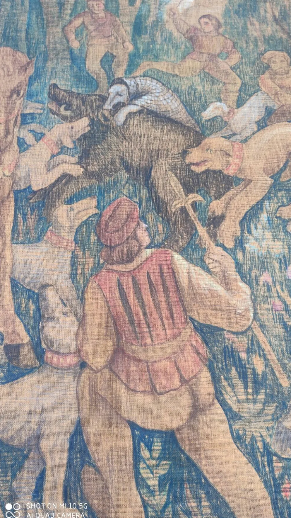 Toile de jute peinte scène de chasse médiéval vers 1950 par André Pierre BOURBIOUX dit "Boul"