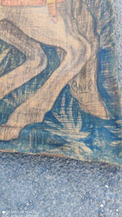Toile de jute peinte scène de chasse médiéval vers 1950 par André Pierre BOURBIOUX dit