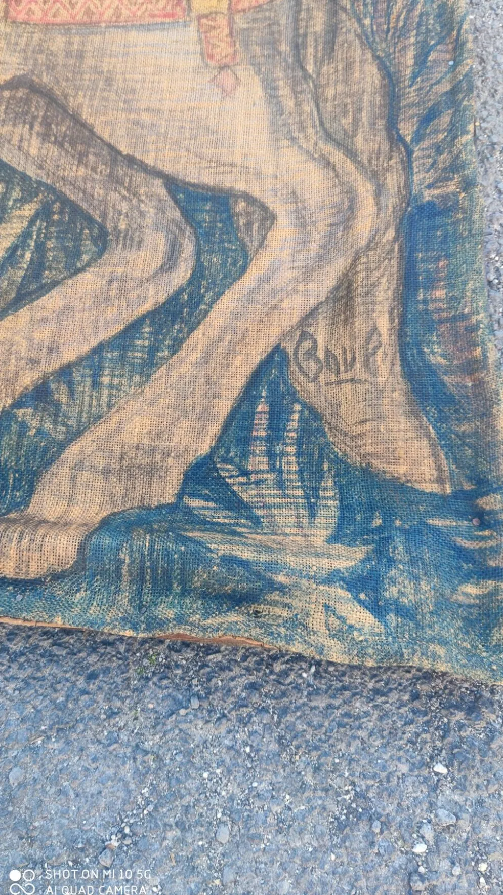 Toile de jute peinte scène de chasse médiéval vers 1950 par André Pierre BOURBIOUX dit "Boul"