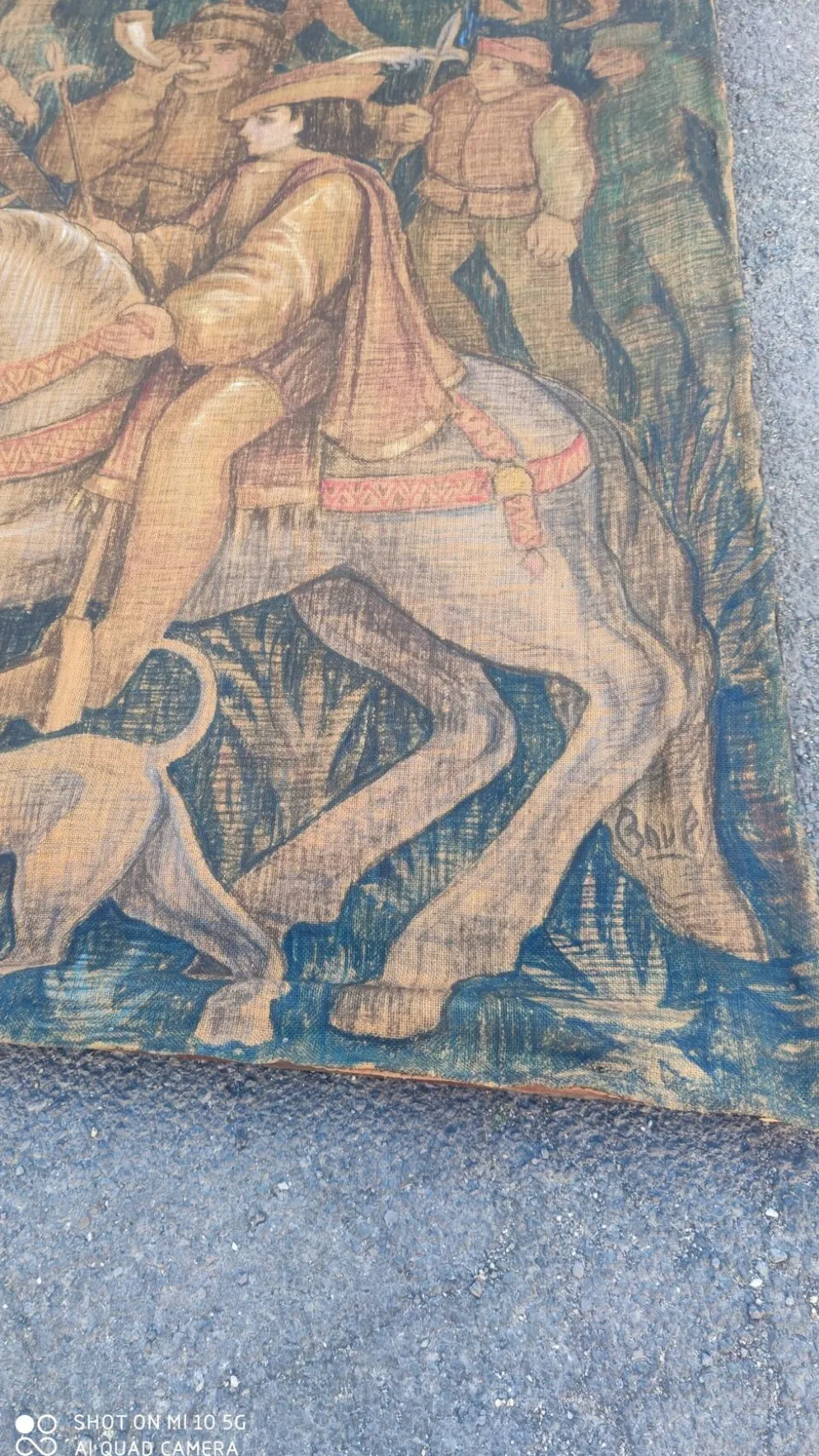 Toile de jute peinte scène de chasse médiéval vers 1950 par André Pierre BOURBIOUX dit "Boul"