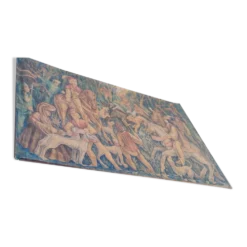Toile de jute peinte scène de chasse médiéval vers 1950 par André Pierre BOURBIOUX dit