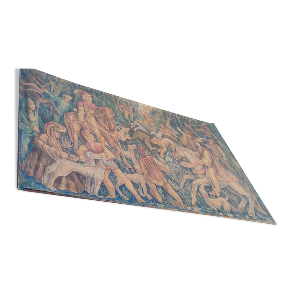 Toile de jute peinte scène de chasse médiéval vers 1950 par André Pierre BOURBIOUX dit "Boul"