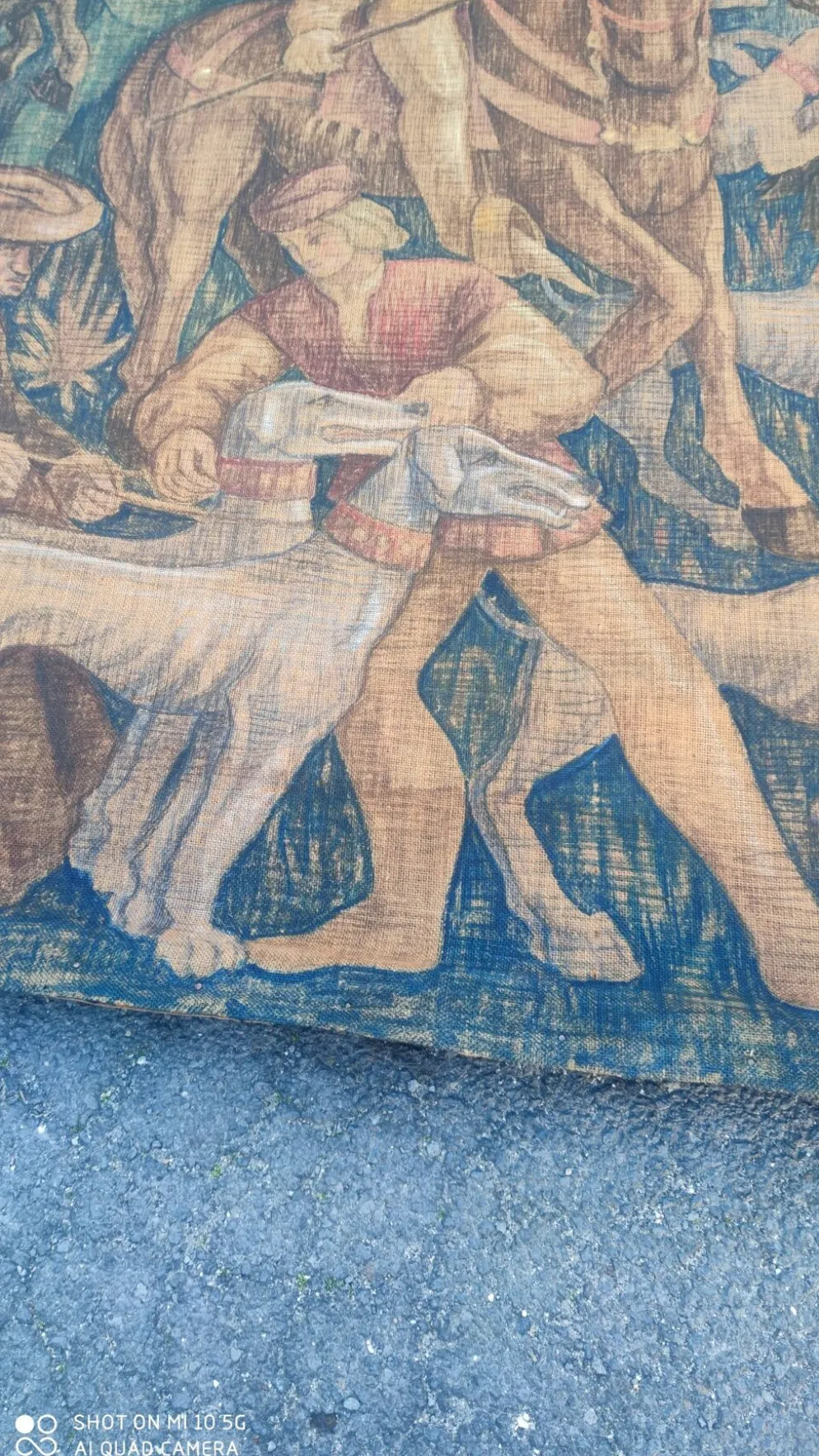 Toile de jute peinte scène de chasse médiéval vers 1950 par André Pierre BOURBIOUX dit "Boul"