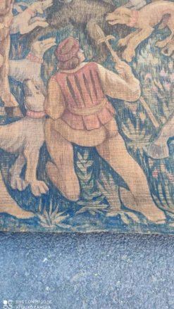 Toile de jute peinte scène de chasse médiéval vers 1950 par André Pierre BOURBIOUX dit